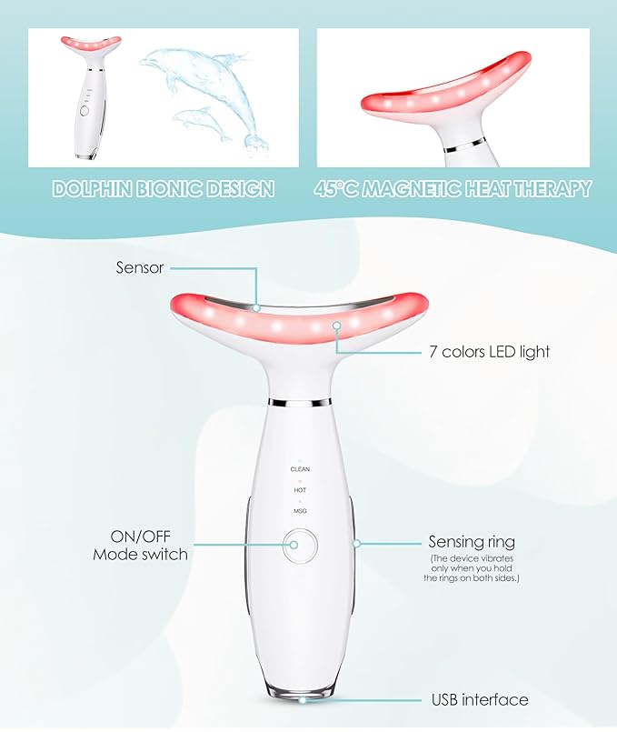 7 Color Neck Face Massager - Facial Massager Tool for Skin Care at Home, Vibrating Face Massager with Thermals, Galvanic Machines White-Velvo Beauty