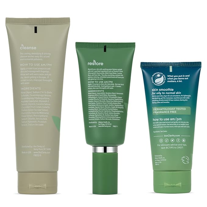 BioClarity 3-Step Essentials Skin Routine for Normal & Oily Skin Types | Cleanse, Restore and Moisturize | Gentle Clean and Hydrate Face | 100% Clean, Vegan Ingredients (Full Size)-Velvo Beauty