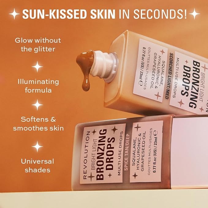 Revolution Beauty, Bright Light Bronzing Drops, Bronze & Glow Face & Body Drops Infused with Hyaluronic Acid, Bronze Scorched, 0.77 Fl. Oz.-Velvo Beauty