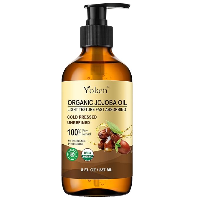 Yoken Organic Jojoba Oil Glass Bottle 8 fl oz, USDA Certified 100% Pure & Natural Jojoba Oil for Hair, Skin & Face, Cold Pressed Unrefined Hexane Free, Deeply Moisturizing Body Serum Oils for Gua Sha-Velvo Beauty