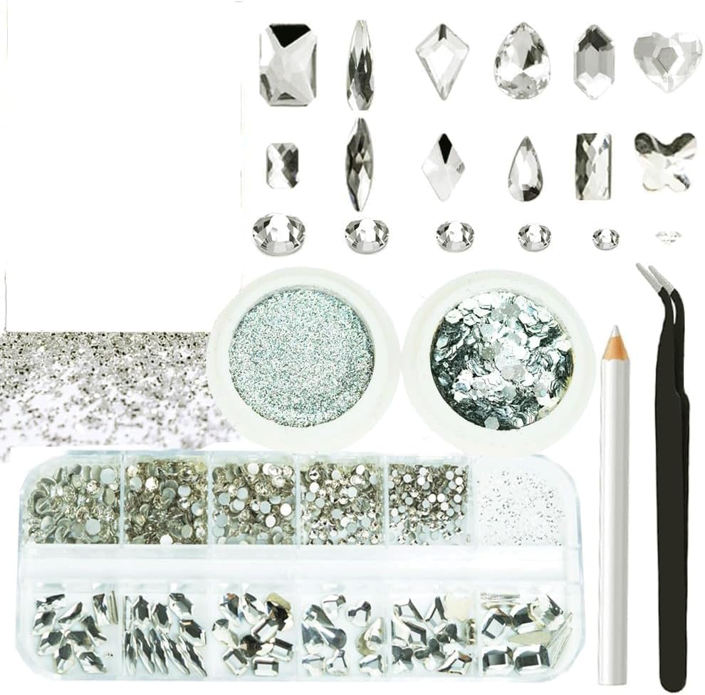 3 Boxes Silver Nail Rhinestones with Fine Glitters Kit, 60Pcs Big Assorted Silver Nail Gems with S6-S16 Flatback Round Stones,Crystals Nail Gem Stones for Faces Body DIY Crafts-Velvo Beauty