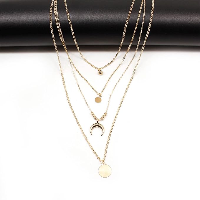 Bohemia Layered Coin Choker Necklace Moon Crescent Pendant Necklace Chain Gold Tiny Ball Necklace Multi Layer Disc Necklace Chain Jewelry for Women and Girls-Velvo Beauty