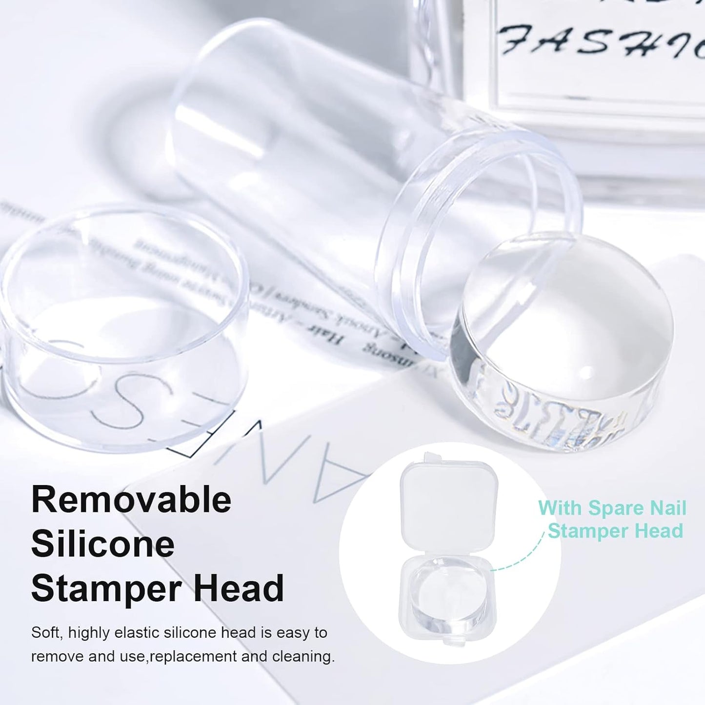 X&D Nail Art Stamper Clear Jelly Nail Art Stamping Transparent Silicone Rubber Nail Polish Stamper with Acrylic Scraper, Spare heads, Stainless Steel Plate Kit for French Tips and Transfer Images B-Velvo Beauty