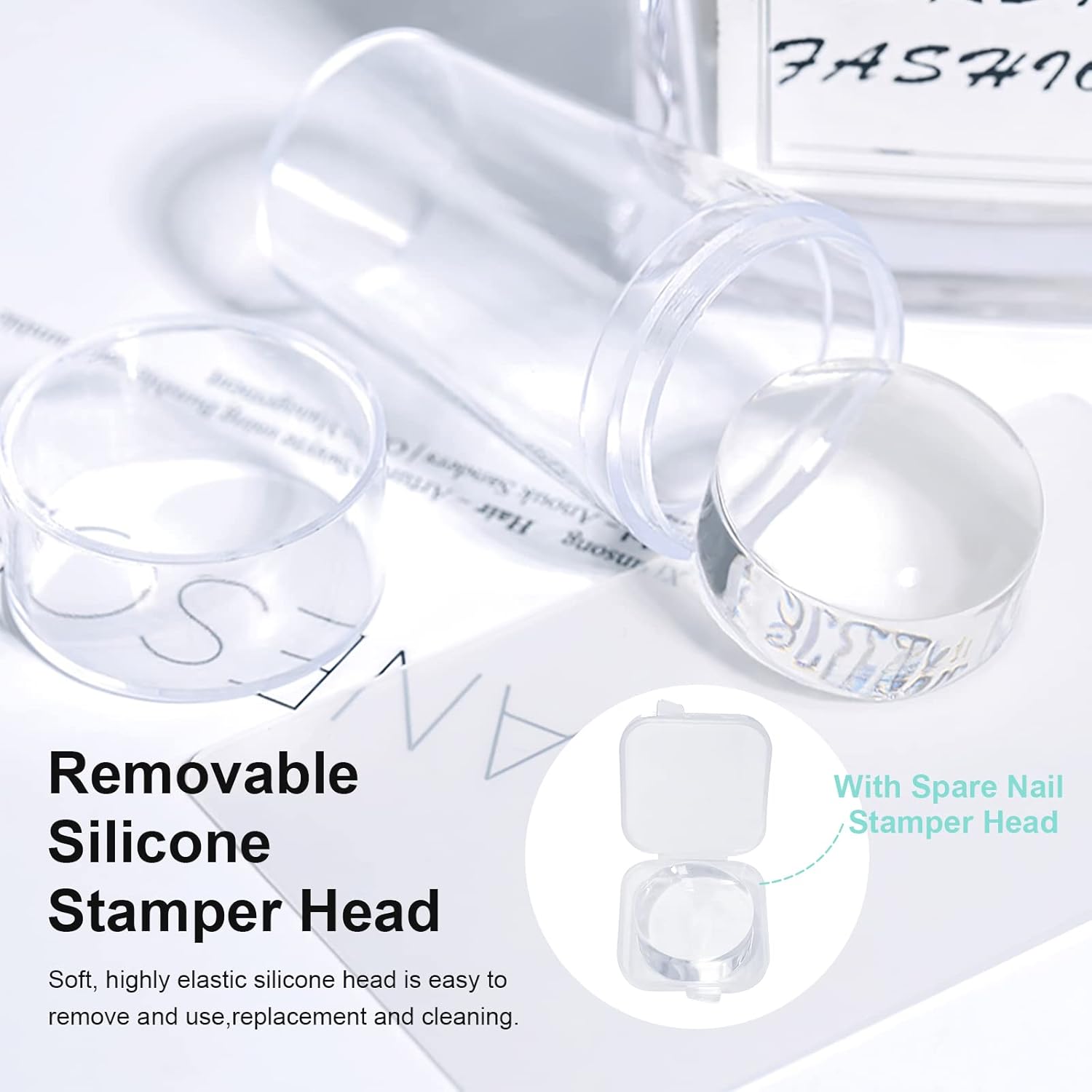 X&D Nail Art Stamper Clear Jelly Nail Art Stamping Transparent Silicone Rubber Nail Polish Stamper with Acrylic Scraper, Spare heads, Stainless Steel Plate Kit for French Tips and Transfer Images B-Velvo Beauty