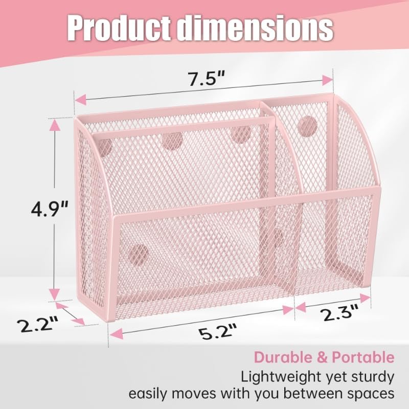 YINGHUA Strong Magnetic Pen Holder for Whiteboard and Refrigerator 3 Compartments Metal Mesh Organizer Space Saving Shelf for Office School Home and Locker - Pink-Velvo Beauty