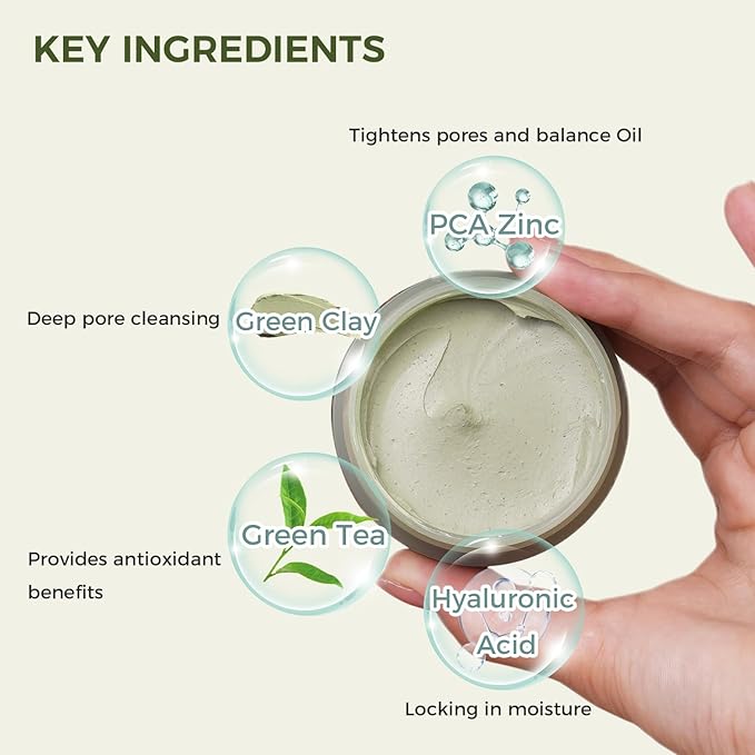 Purifying Green Tea Mask, Natural Facial Clay Mask Deep Pore Cleansing with Green Tea Extract and Portulaca Extract, for Clogged Pores, Detoxifies & Balance Oil, 3.52 fl.oz-Velvo Beauty