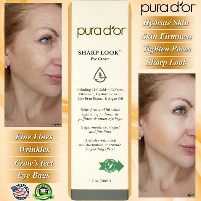 PURA D'OR Sharp Look Eye Cream (1.7oz) Youth-Enhancing Eye Cream For Firm Lift and Reduced Appearance of Wrinkles and Fine Lines, Puffiness and Under Eye Bags With 24K Gold-Velvo Beauty