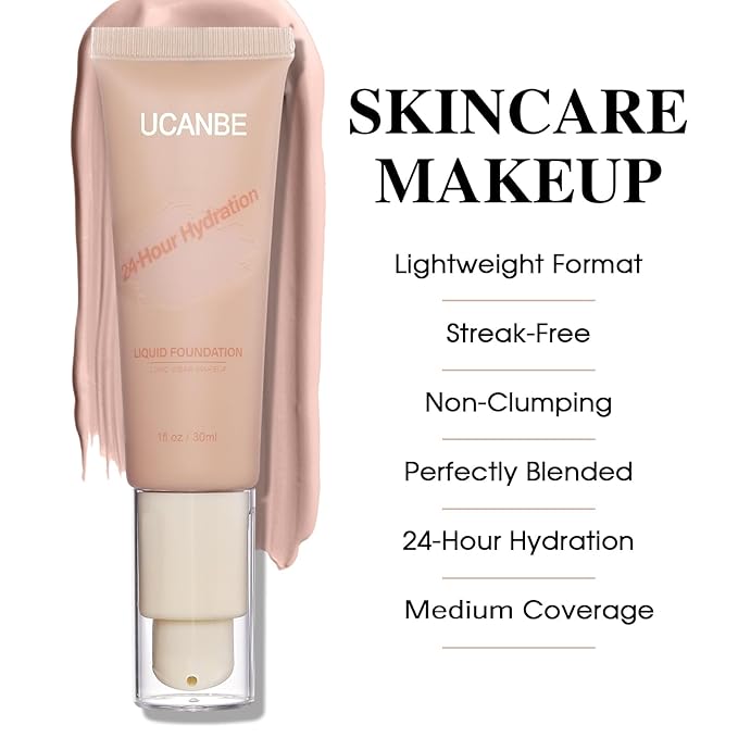 UCANBE Matte Liquid Foundation with Brush, Serum Foundation Face Makeup with Hyaluronic Acid, Medium to Full Coverage Waterproof Oil Control Longwear, for Mature Skin, Natural Ivory, 1 fl. oz.-Velvo Beauty