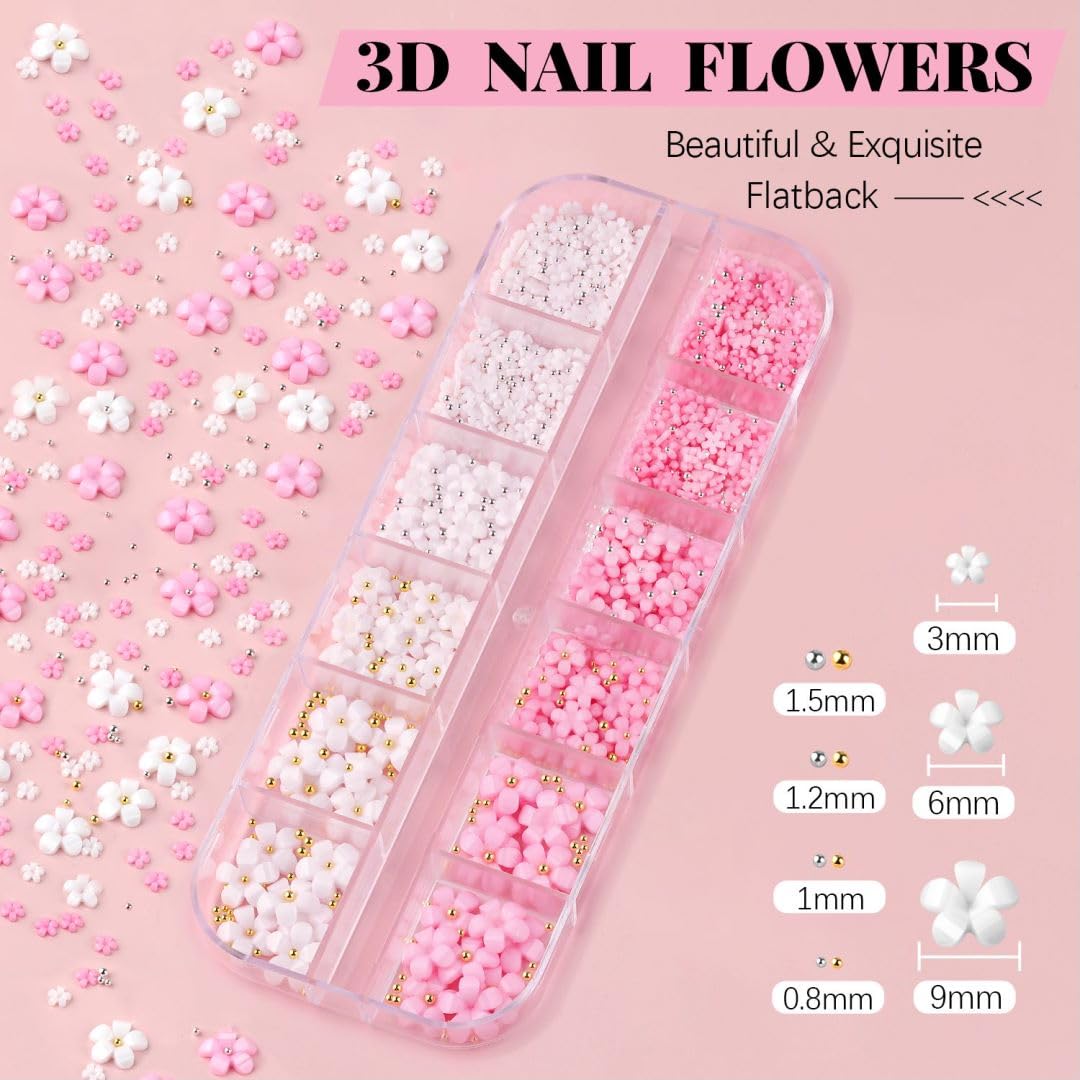 3D Nail Flowers Charms,White Pink Acrylic Flower with Caviar Beads,Rhinestones for Nails 3D Nail Charms for Acrylic Nails for Manicure Salon DIY Nail Art Decor with Pickup & Dotting Tools-Velvo Beauty