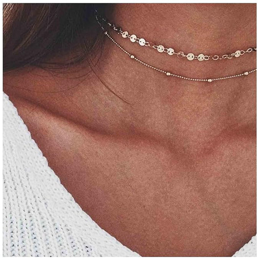 Boho Layered Satellite Disc Choker Necklace Gold Sequin Disc Chain Necklace Vintage Double Layer Necklace Short Collarbone Necklace Chain Jewelry for Women and Girls Gift-Velvo Beauty
