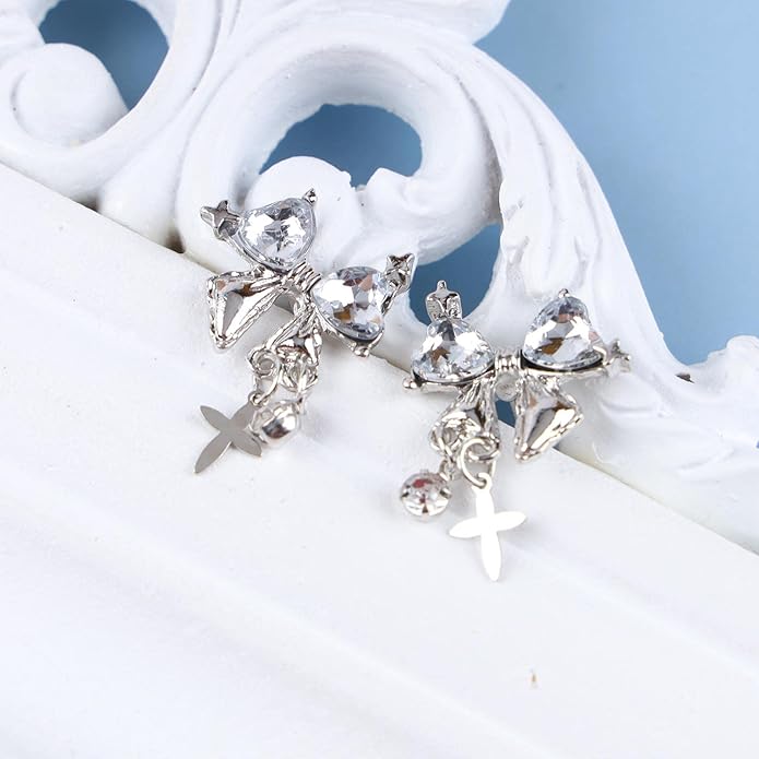 Vintage Crystal Bow Earrings Black Onyx Stud Earrings Silver Tiny Cross Drop Earrings Sparkly Cz Rhinestone Bow Earrings Jewelry for Women-Velvo Beauty