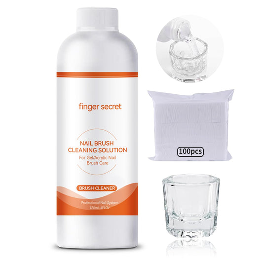 Nail Brush Cleaner & Restorer Nail Brush Clean Solution Quickly Clean Nail Brushes Gel Nail Brush Cleaner Kit with Glass Cup Nail Cleaning pads for DIY Salon at Home 4 Fl.Oz-Velvo Beauty