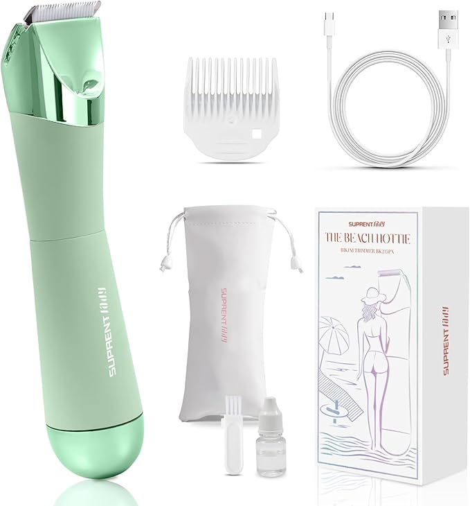 SUPRENT Bikini Trimmer Women - Painless Ladies Hair Removal - Waterproof Wet & Dry - 2 in 1 Lady Shaver for Pubic & Facial Hair - Cordless Electric Razor with USB-C Rechargeable - Green-Velvo Beauty