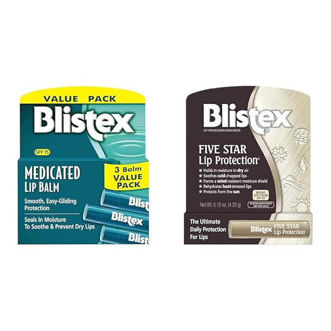 Blistex Medicated Lip Balm, 0.15 Ounce, 3 Count (Pack of 1) Prevent Dryness & Chapping, SPF 15 & Five Star Lip Protection Balm, 0.15 Ounce – Wind & Water-Resistant Lip Care-Velvo Beauty