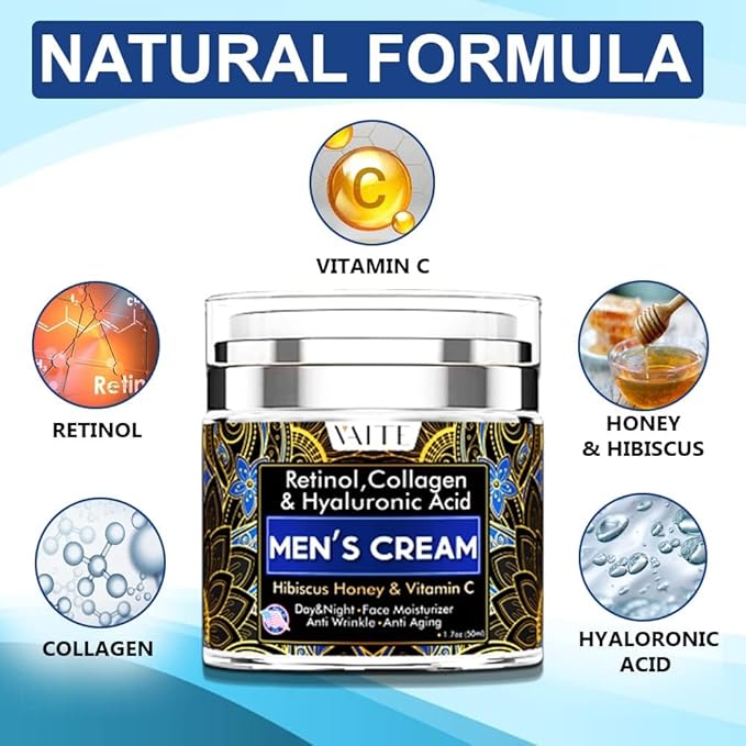 VAITE Mens Face Skin Moisturizer with Collagen, Retinol Ant-Aging, Anti-Wrinkle Under the Eyes Men's cream care for Face with Hibiscus & Honey, Hyaluronic acid, Vitamin C Made in USA-Velvo Beauty