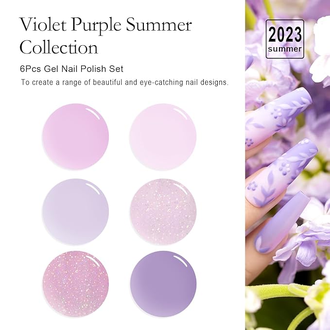 RARJSM Nude Gel Nail Polish Purple Glitter 6pcs Set 7.5ml Jelly Shimmery Sheer Violet Nail Gel Polish Iridescent Sparkly Light Purple Pink Translucent Natural Skin Tone Color Soak off UV LED Cured-Velvo Beauty