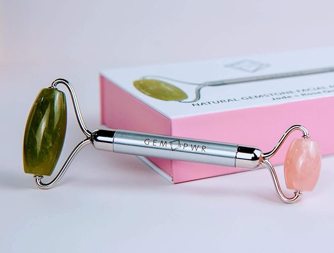 Rose Quartz + Jade Roller for Face and Neck Massage, Dual Gemstones with Durable Steel Handle and Travel Bag. Minimize Wrinkles, Reduce Puffiness and Restore Skin's Elasticity and Radiance-Velvo Beauty