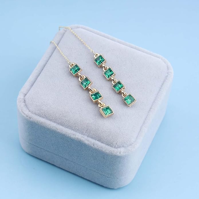Vintage Emerald Crystal Threader Earrings Green Gem Drop Earrings Emerald Cz Square Earrings Gold Long Emerald Chain Earrings Jewelry for Women-Velvo Beauty