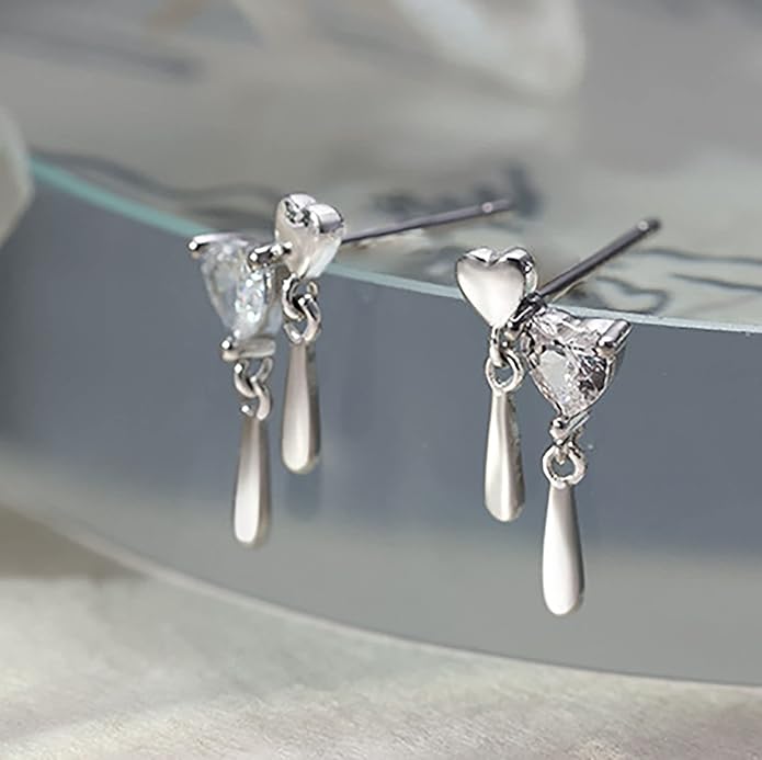 Vintage Crystal Heart Drop Earrings Silver Cz Teardrop Earrings Rhinestone Love Heart Stud Earrings Sparkly Tiny Heart Earrings Jewelry for Women-Velvo Beauty