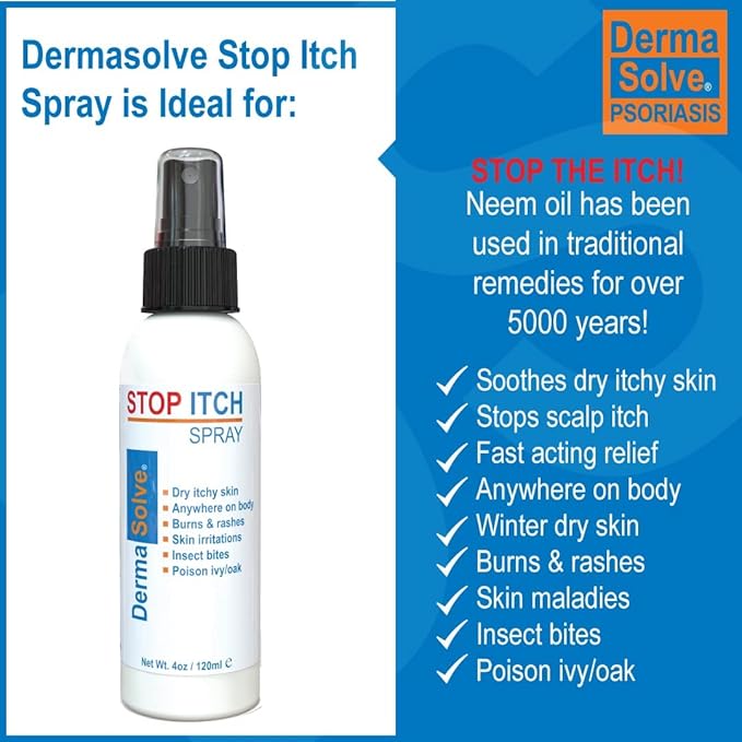 Dermasolve Stop Itch Spray with 100% Organic Neem Oil, Scalp and Body Psoriasis Relief, Dry Skin, Bites, Sunburn, Burns and Rashes-Velvo Beauty