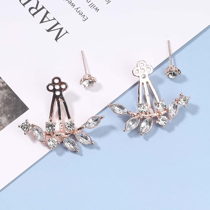 Boho Crystal Leaf Ear Jackets Earrings Gold Cz Crystal Earrings Rhinestone Front Back Studs Earrings Minimalist Earrings Jewelry for Women and Girls Gifts-Velvo Beauty