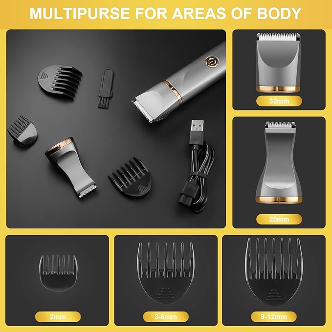 AREYZIN Body Hair Trimmer for Women Electric Body Shaver for Back Chest Armpit Legs Pubic Hair, USB Rechargeable, Replaceable Snap-in Ceramic Blades, IP7X Waterproof for Wet and Dry Use,Gray&Gold-Velvo Beauty