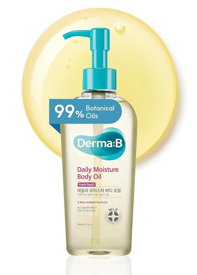Derma B | Daily Moisture Body Oil | 99% Natural Argan & Sweet Almond Oil | Shower Oil for Dry Sensitive Skin | Light & Long-Lasting Hydration | Skin Body Care Oil with Peach Scent | 6.78 fl oz (200ml)-Velvo Beauty