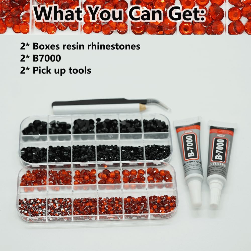 Black and Red Rhinestones with Glue(S8-S30) for Bedazzling,2mm-6mm Non-Hotfix Flatback Nail Gems Beads with B7000, Resin Nail GemsStones Diamond Kit for Bedazzle Crafting, Nails DIY Art Decoration-Velvo Beauty