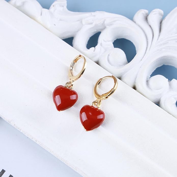 Vintage Heart Dangle earrings Red Coral Earrings Red Heart Love Huggie Earrings Gold Hoop Huggie Earrings Jewelry for Women-Velvo Beauty