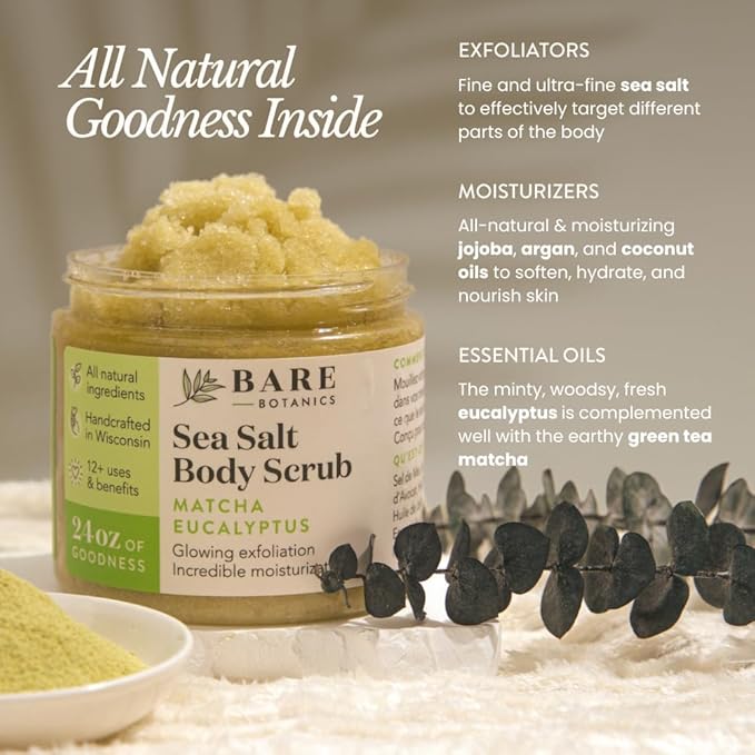 Bare Botanics Matcha Eucalyptus Body Scrub 24 oz - Naturally Scented Sea Salt Scrub Made in Madison, WI - Formulated w/Skin Loving Moisturizers - Vegan, Cruelty Free Exfoliator w/a Cute Wooden Spoon-Velvo Beauty
