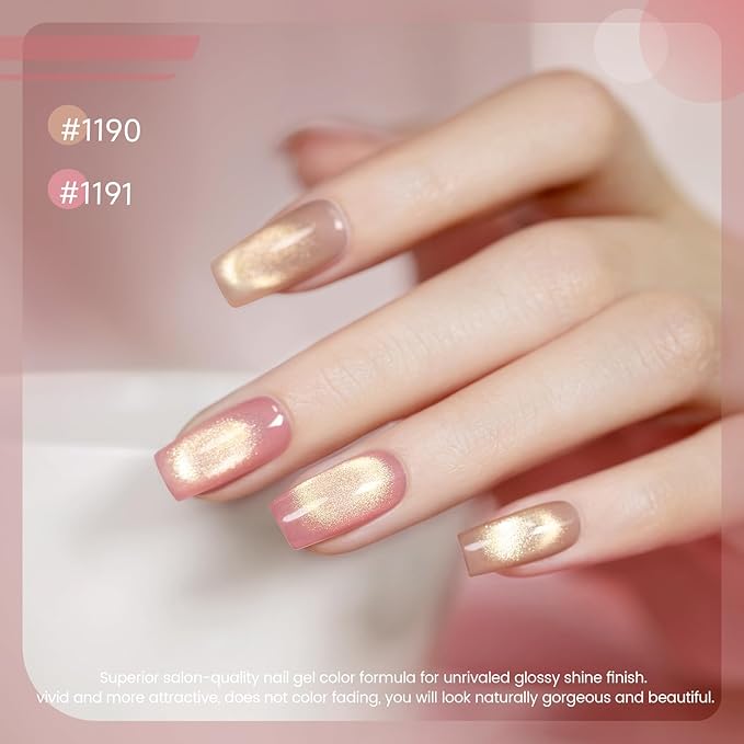 RARJSM Jelly Nude Gold Glitter Cat Eye Gel Nail Polish Set 6Pcs Sheer Pink Light Purple Champagne Mavue Brown Diamond Cateye Gelpolish with Magnetic Stick UV LED Curing Require Home Salon Nail Design-Velvo Beauty