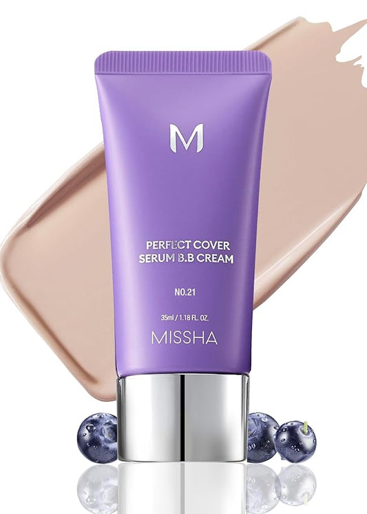 MISSHA M PERFECT COVER SERUM BB CREAM No.21 Light Beige - Light with Cool Undertone, BB Cream by Cardi B Pick, Skin Tint, Tinted Moisturizer, Skin Care Foundation Makeup, Korean Makeup,1.18 Fl oz-Velvo Beauty