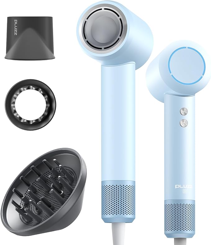 PLUZZ Ionic Hair Dryer with Diffuser, Professional High-Speed Blow Dryer for Women & Men, 110,000 RPM Brushless Motor Fast Drying & Low Noise, Thermo-Control, Lightweight & Compact for Home and Travel-Velvo Beauty
