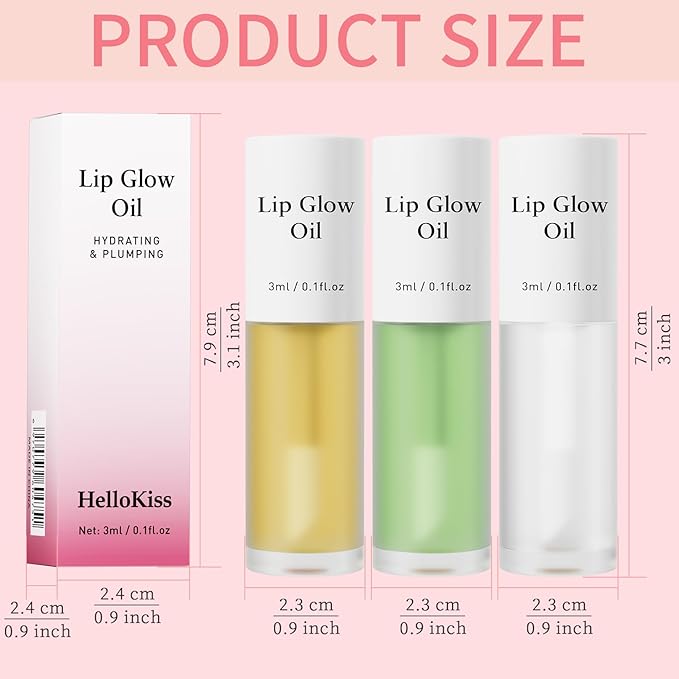 Hellokiss 3Pcs Lip Glow Oil,Moisturizing Lip Plumper Gloss,3 Fruit Flavoured Lip Balm Lip Care,Clear Plumping Lip Gloss,Non-Sticky Long Lasting Hydrating Lip Oil(Honey,Green Apple,Coconut)-Velvo Beauty