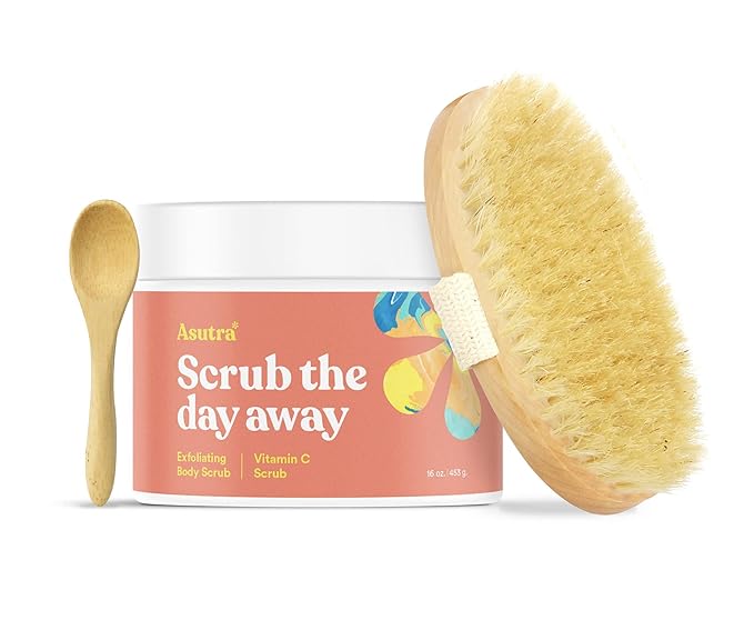 ASUTRA Dead Sea Salt Essential Oil Body Scrub Exfoliator and Dry Brush Bundle (Vitamin C), 16 oz - Ultra Hydrating, Gentle, & Moisturizing - Coconut, Sweet Orange, Grapefruit, and Lemon Oils-Velvo Beauty