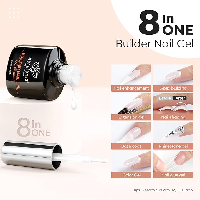 modelones Builder Nail Gel, Milky White Builder for Nail Thickening, 8-in-One LED Lamp Cured Strengthener Hard Color Base Extension Glue Gel Polish in a Bottle for Home DIY Salon Women-Velvo Beauty