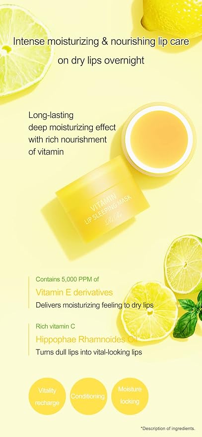Vitamin Lip Sleeping Mask 10g / 0.35 oz. (Pack of 2) Contains 5,000ppm of vitamin E, Nourishing Moisturizing Elasticity Keratin Care, Lip Balm For Chapped, Cracked, Dry, Wrinkled Lips-Velvo Beauty