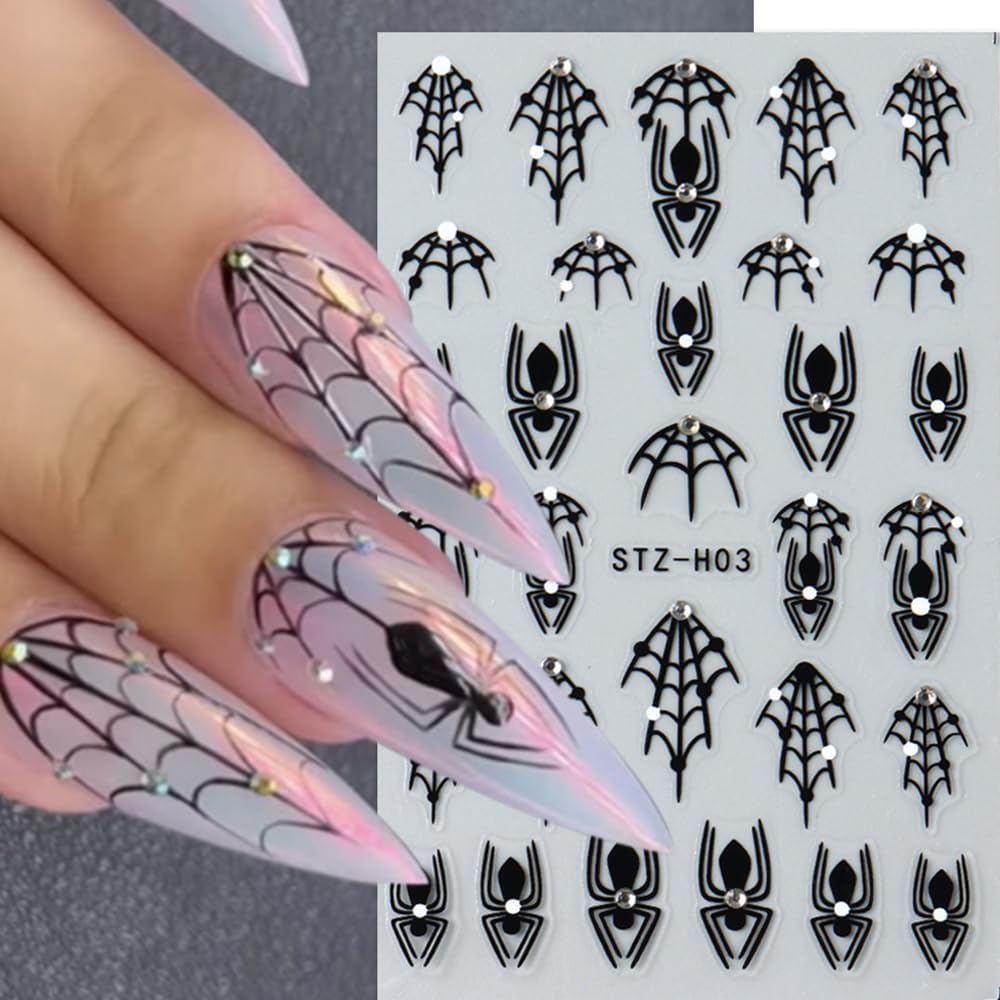 3 Sheets Halloween Nail Art Stickers Black Spider Nail Stickers for Nail Art 3D Self-Adhesive Black Spider Web with Diamond Design Halloween Nail Charms Goth Decorations for Women DIY-Velvo Beauty