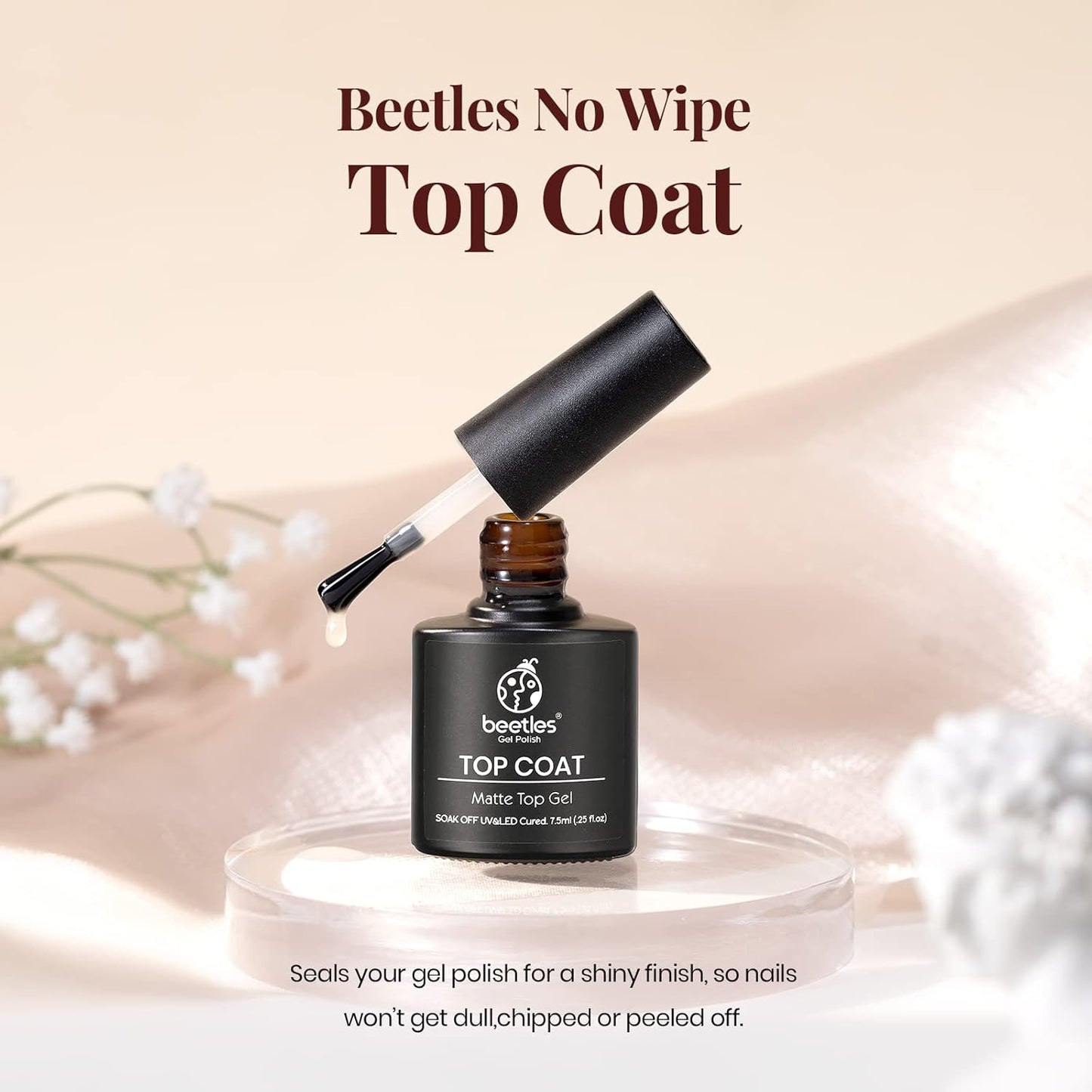 Beetles Matte Gel Top Coat for Gel Nail Polish, 7.5ML Chrome Proof Matte Top Coat No Wipe Powder-Resist Matte Finish for Detail Chrome Nail Powder Painting Long Lasting UV Nail Art-Velvo Beauty