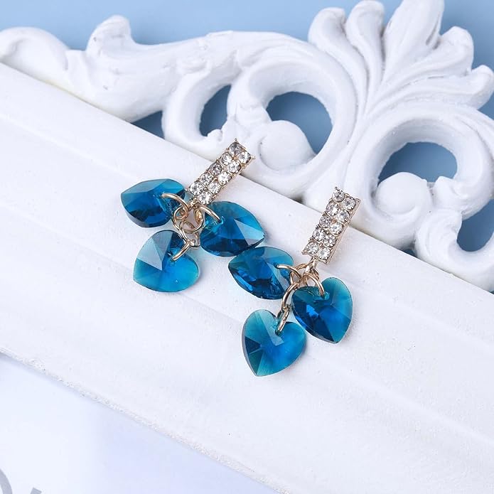 Boho Sapphire Tassel Earrings Blue Crystal Heart Earrings Gold Cz Bar Stud Earrings Blue Cz Heart Drop Earrings Blue Rhinestone Earrings Jewelry for Women-Velvo Beauty
