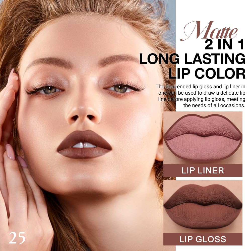 evpct 1Pcs Nude Brown Matte Lip Liner and Liquid Lipstick Stain Makeup Set for women, Brown Long Lasting Smudge Proof Lipstick labiales matte mate larga duracion listip 24 hours originales, 25#-Velvo Beauty