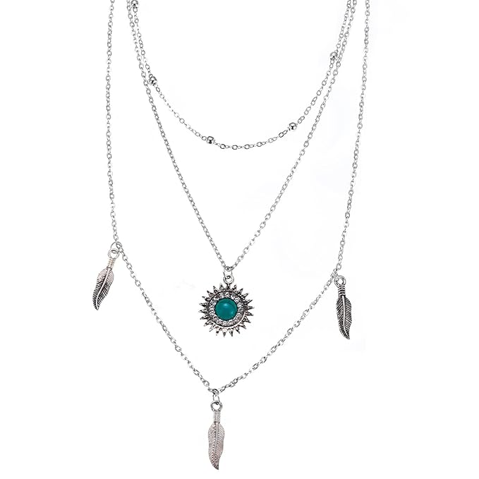 Boho Layered Feather Choker Necklace Turquoise Pendant Necklace Chain Vintage Crystal Paved Sun Necklace Silver Sunflower Necklace Jewelry for Women and Girls-Velvo Beauty