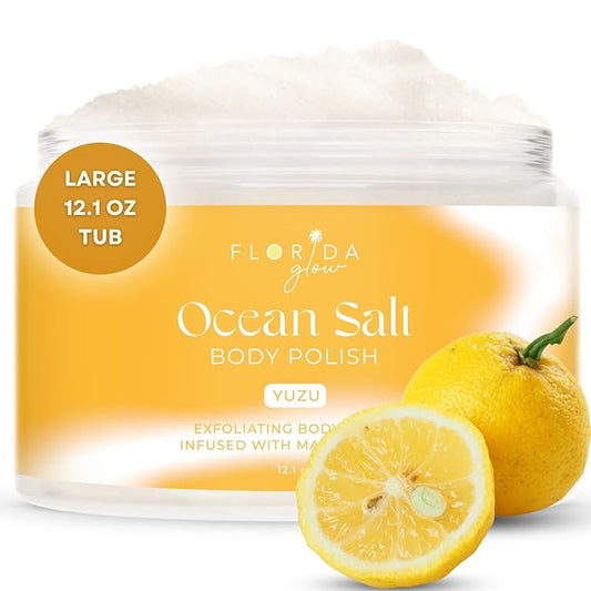 Sea Salt Body Scrub by Florida Suncare - Ocean Salt Body Polish Infused with Marine Algae - Exfoliating Face and Body Scrub - Facial Scrub Exfoliator to Tackle Acne and Scars (Yuzu, 12.1 oz)-Velvo Beauty