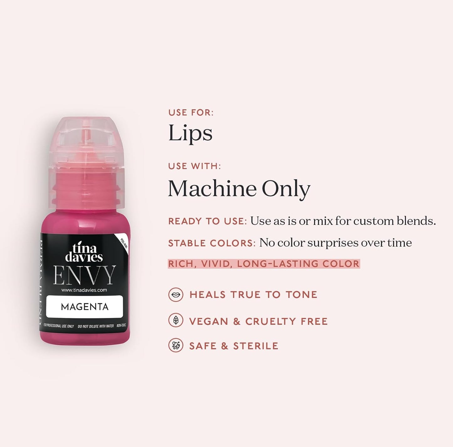 Tina Davies Professional Envy & Lust Lip Pigments - Permanent Lip Makeup - Colors Heal True to Tone - High Retention - Envy Magenta, 1/2oz/15ml Bottle-Velvo Beauty