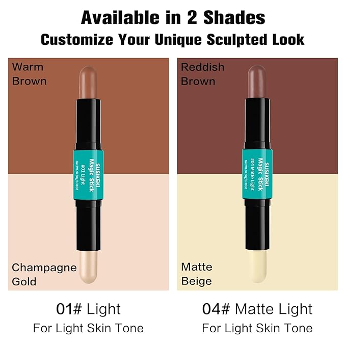 Contour Stick, 2Pcs Dual-Ended Highlighter Makeup Pen & Contouring Stick for Face Shaping, Long Lasting Waterproof Cream Bronzer & Highlight Sticks Make Up Kit for All Skin Tones (01# + 04#)-Velvo Beauty