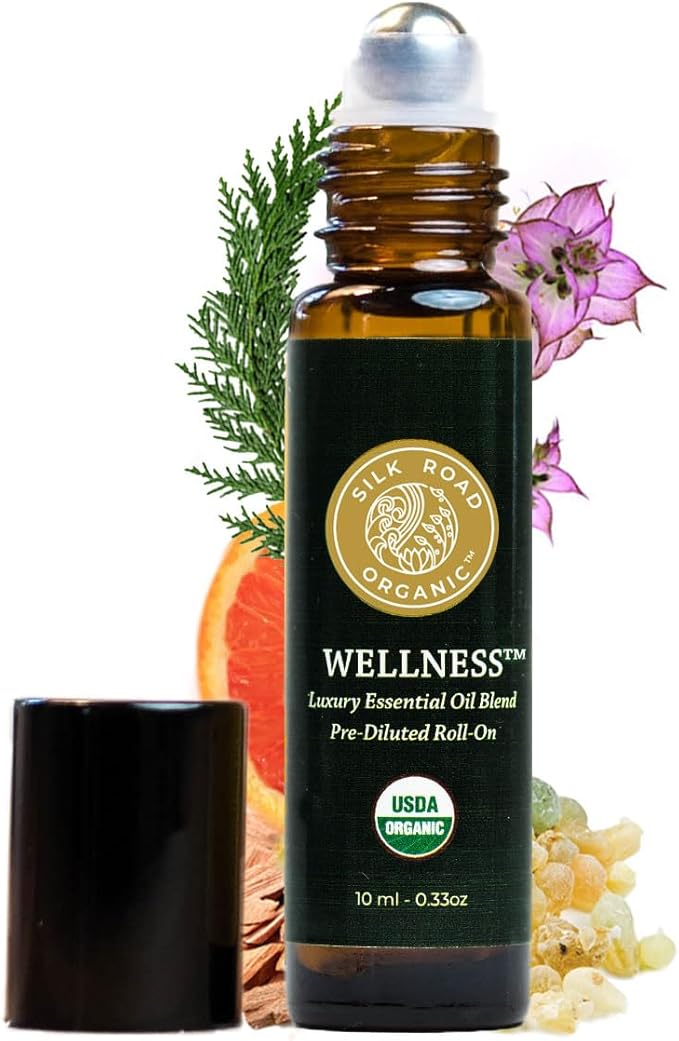 Silk Road Organic Wellness Essential Oil Vitality Blend Roll On - 100% Pure USDA Certified Frankincense, Cypress, Cedarwood, Clary Sage, Orange - Thrive Naturally, 10 ml Roller-Velvo Beauty