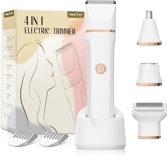 Electric Bikini Trimmer for Women - 4 in 1 Electric Razors for Women, Waterproof Pubic Hair Trimmers and Facial Hair Remover, Replaceable Shaver & Nose Hair Trimmer, Rechargeable Women's Grooming Kit-Velvo Beauty