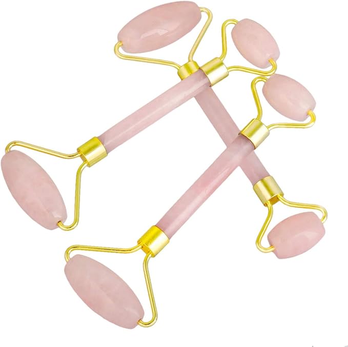 Rockcloud Natural Crystal Stone Roller Massager Double Neck Face & Neck Massage Therapy Anti-Aging Wrinkle Healing Slimming Skincare Tool,Rose Quartz-Velvo Beauty