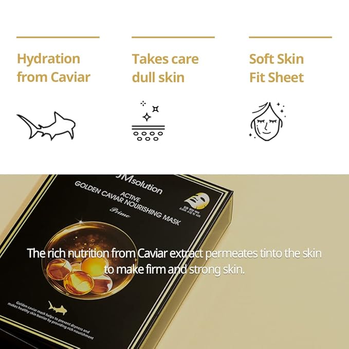 JMsolution Active Golden Caviar Nourishing Mask - Korean Skincare Facial Mask-Cavior extracted - collagen essense- 10 sheets for all skin type-Velvo Beauty