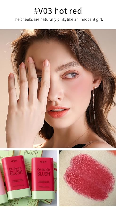 Multi-Use Makeup Blush Stick, Cream Blush Stick, Tinted Solid Moisturizer Stick for Cheek & Eyes & Lips, Waterproof Natural Nude Makeup, Suitable for All Skin (2#Hot Red)-Velvo Beauty